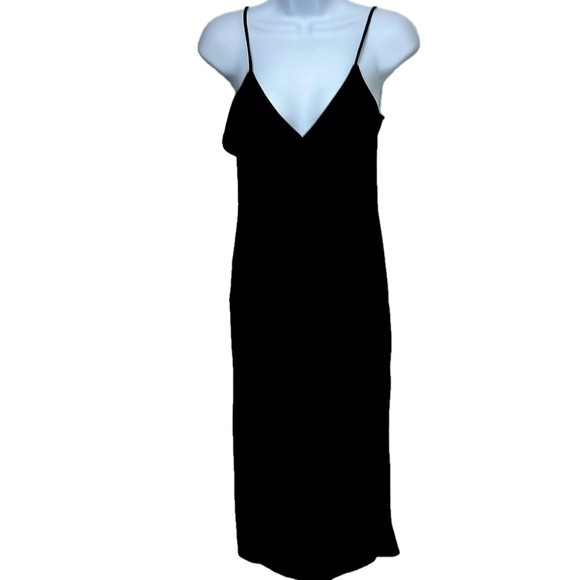 H&M Dresses & Skirts - H&M black midi dress, V-neck, diagonal ruffle, shoulder straps, high side slit,